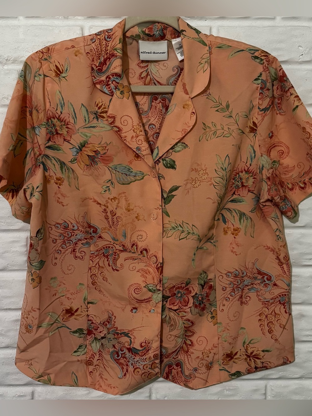 Alfred Dunner Button Up Shirt Women’s 14 Peach Floral Shoulder Pads Blouse Top